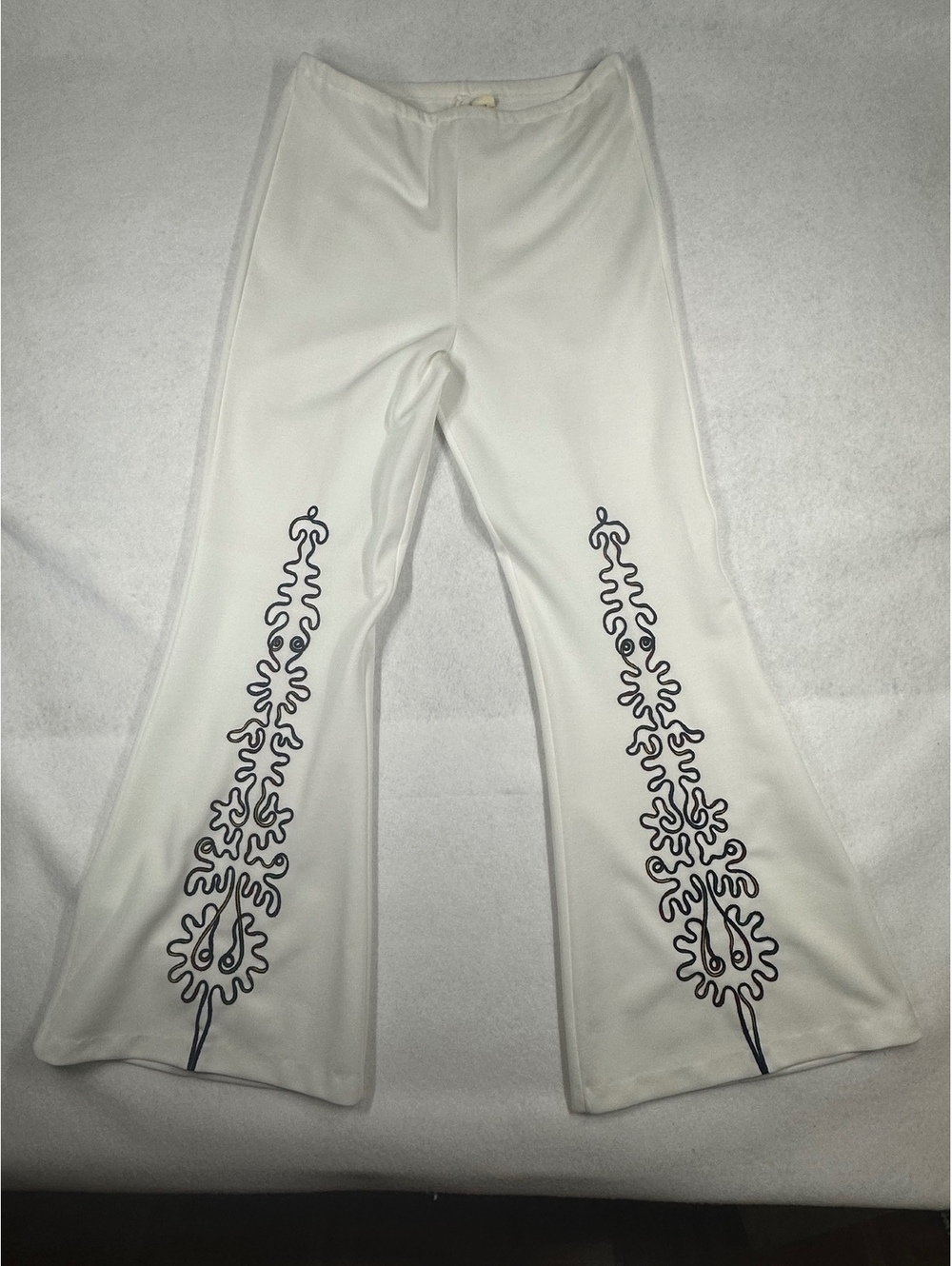 White Flared Pants with Black Embroidered Design